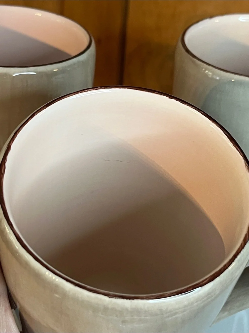Discontinued Set of 3 Pottery Barn Oversized Mugs- Morning Story- Taupe and Pink